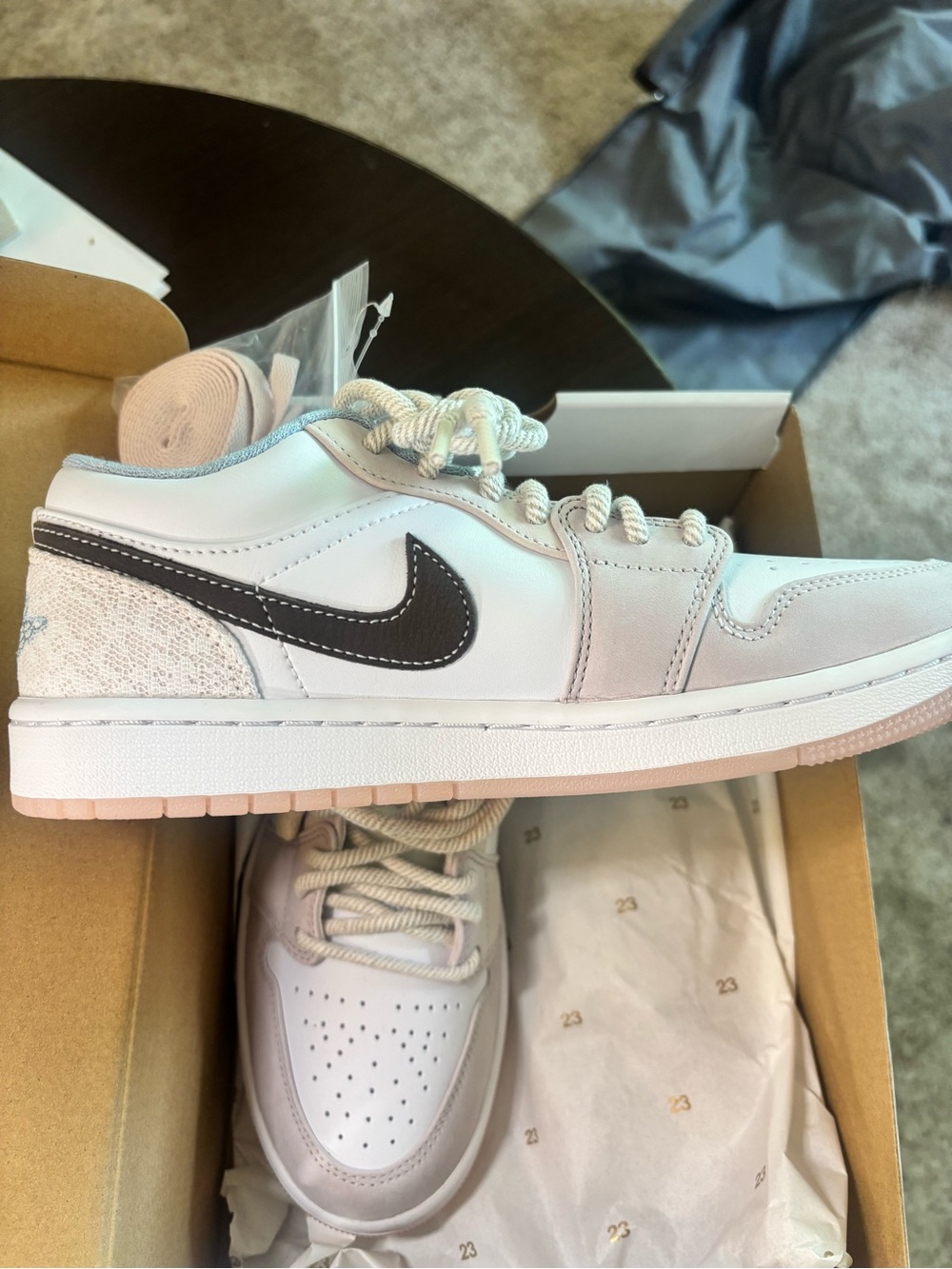 Nike Low Top Sneakers in White with Brown Swoosh and Light Pink Accents NIB 8